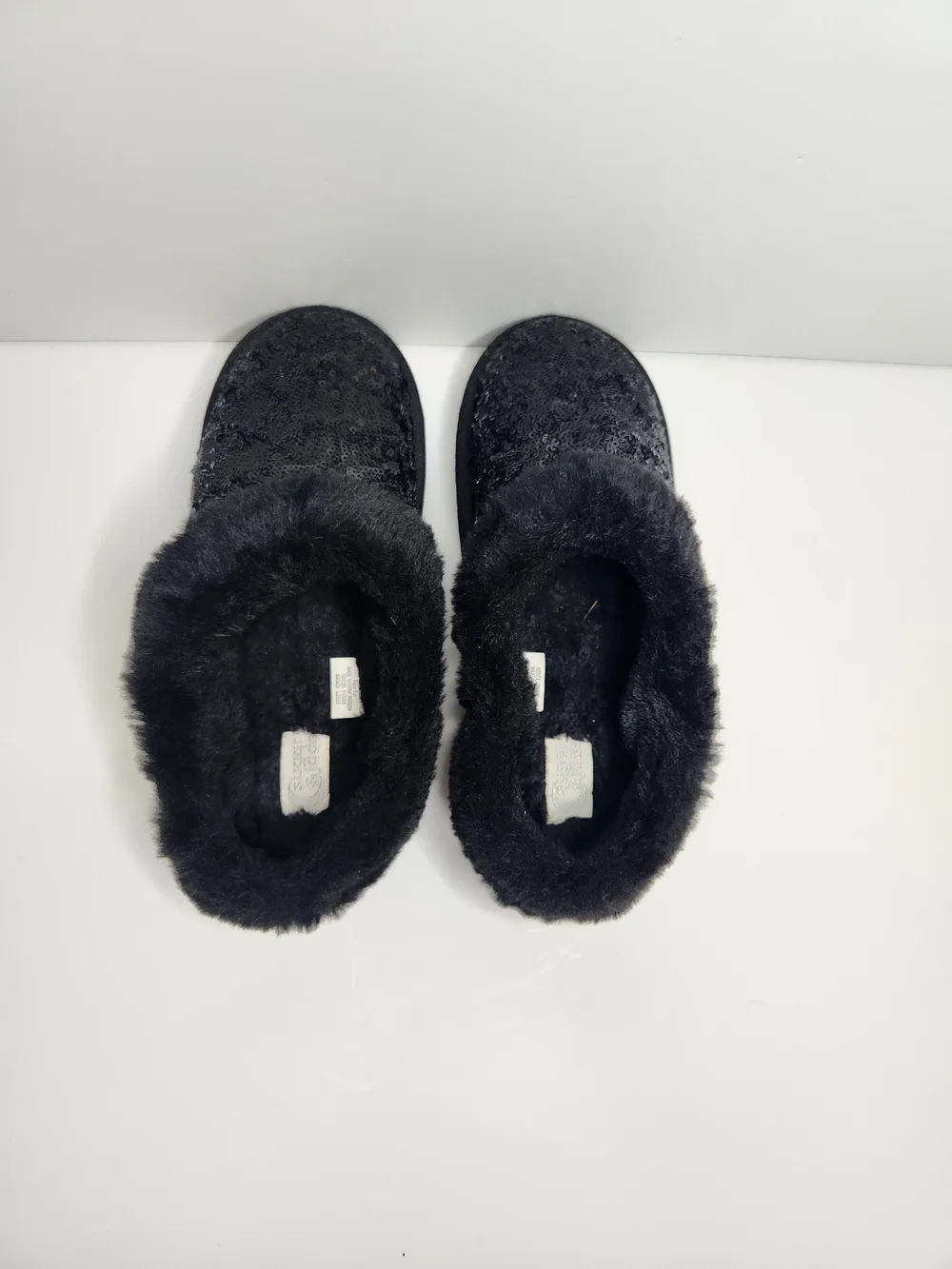 Kids Black Sequin Faux-Fur Mules